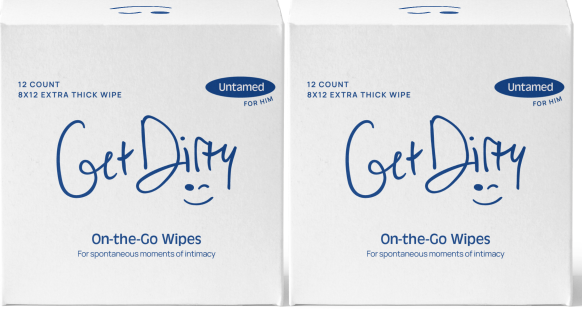 GetDirty personal hygiene pre sex cleansing wipe 2 box bulk pack male fragrance 24 individually wrapped wipes, picture of packaging facing forward with logo