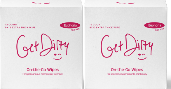 GetDirty personal hygiene pre sex cleansing wipe 2 box bulk pack female fragrance 24 individually wrapped wipes, picture of packaging facing forward with logo