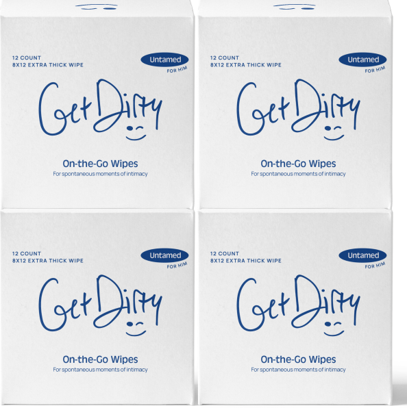 GetDirty personal hygiene cleansing wipes product packaging box of male wipes. Bulk pack of 4 male boxes of 48 individually wrapped. Front facing with logo in front.