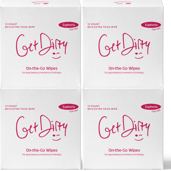 GetDirty personal hygiene cleansing wipes product packaging box of female wipes. Bulk pack of 4 female boxes of 48 individually wrapped. Front facing with logo in front.