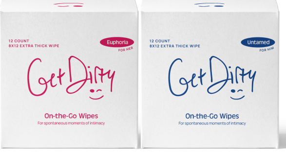 GetDirty personal hygiene pre sex cleansing wipe 2 box bulk pack of male and female fragrance 24 individually wrapped wipes, picture of packaging facing forward with logo
