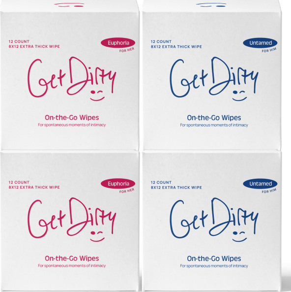 GetDirty personal hygiene pre sex cleansing wipe 4 box bulk pack of male and female fragrance 48 individually wrapped wipes, picture of packaging facing forward with logo